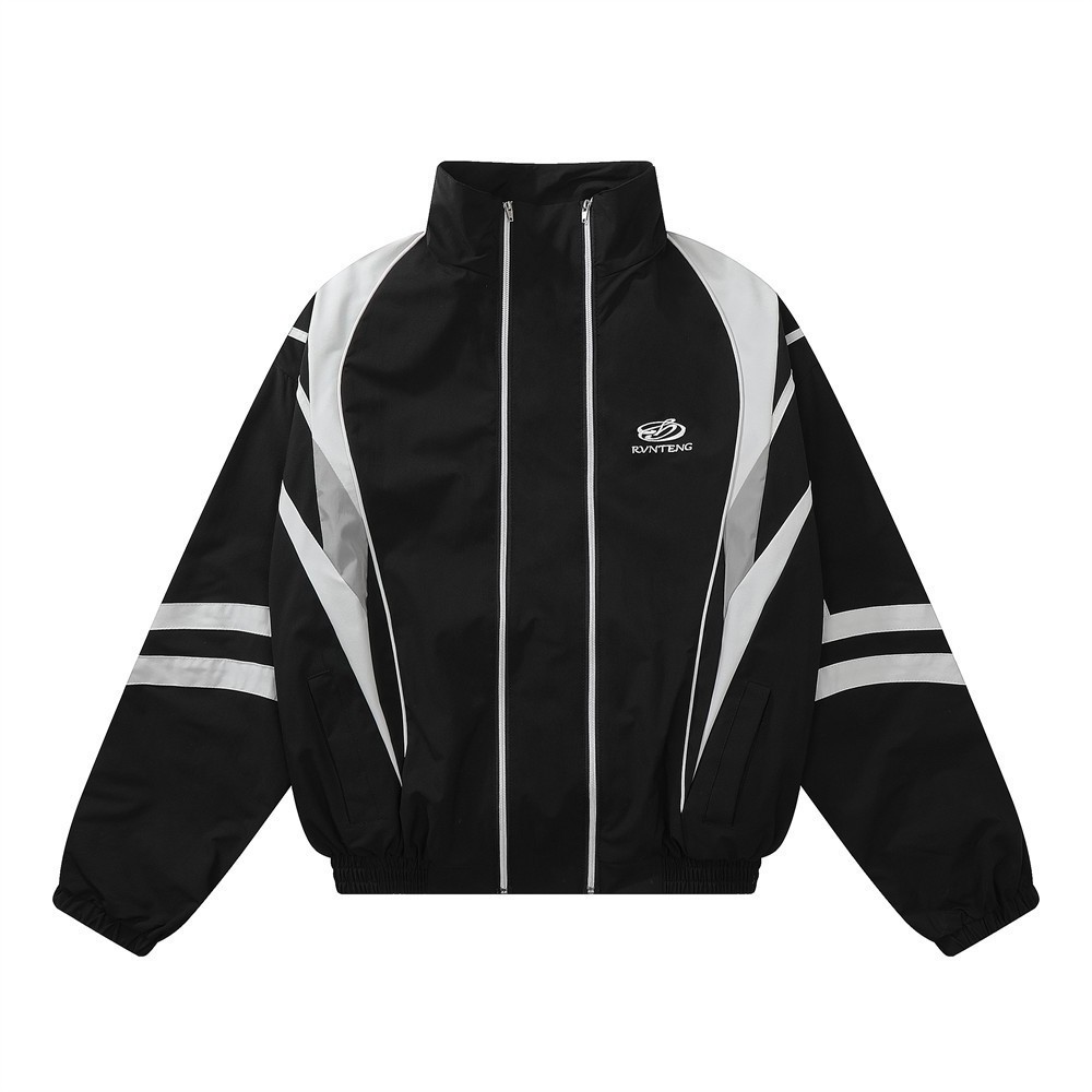 Men's Street Wear Windbreaker Jacket Zip Up Polyester Black Color Block Track Jacket