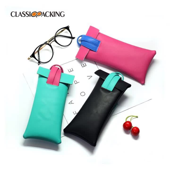 Custom LOGO PU Leather Colorful Stitching Sunglasses Pouches with Handle Contrast Color Convenient Glasses Bag Storage Pocket