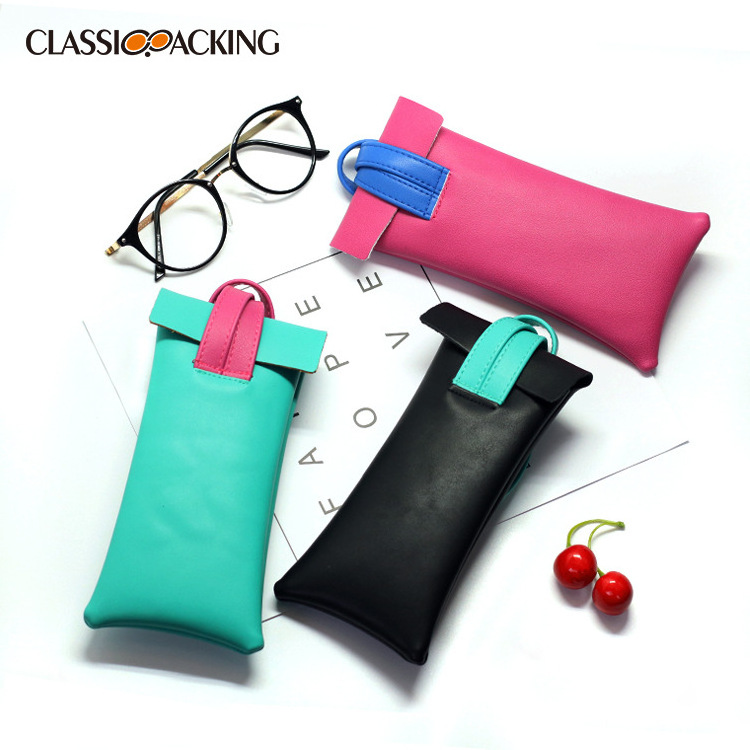 Custom LOGO PU Leather Colorful Stitching Sunglasses Pouches with Handle Contrast Color Convenient Glasses Bag Storage Pocket