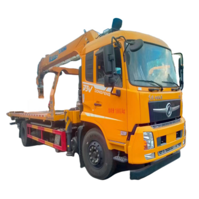 China Dongfeng electric flatbed tow truck with lift wrecker towing truck 8ton hydraulic stiff boom with crane