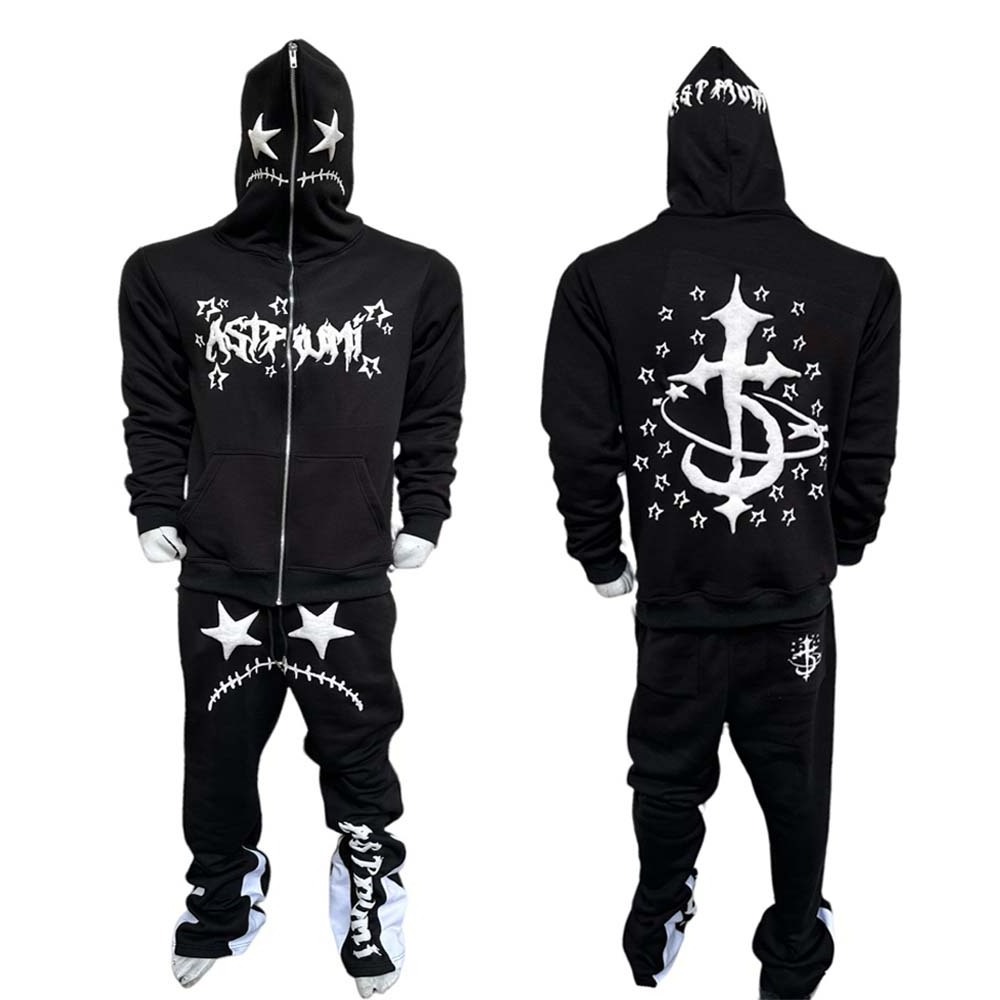 Custom Streetwear Mens Flare Sweatsuit French Terry Hooded Heavyweight 3D Puff Print Flared Sweatpants And Hoodies Set tracksuit