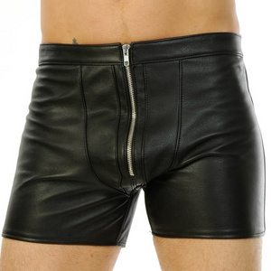 Mens Shorts Real Lamb Sheep Skin Soft Leather Front Zip Fetish Sexy Boxer Shorts Club wear Genuine Leather Short