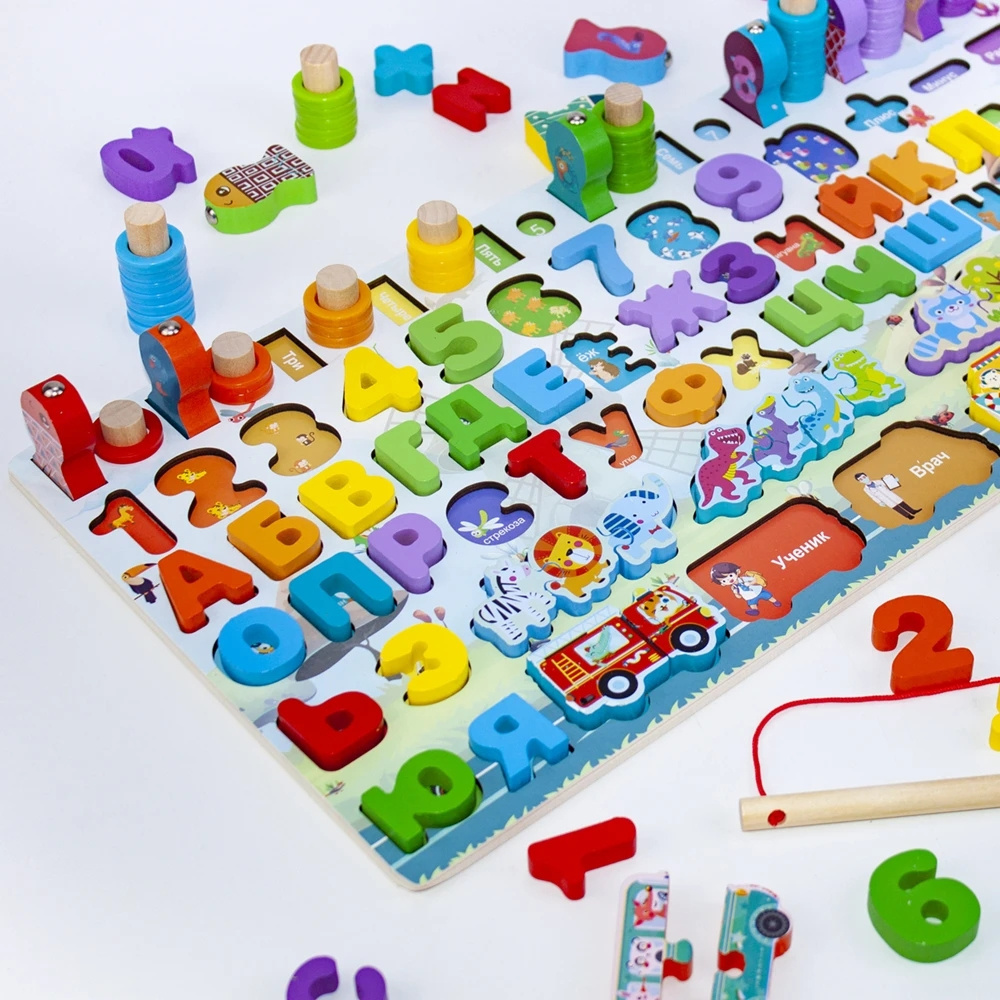 Russian Alphabet Montessori Educational Wooden Toys Preschool Counting Geometry Board Game Learn Sorter Fishing Math Toy For Kid