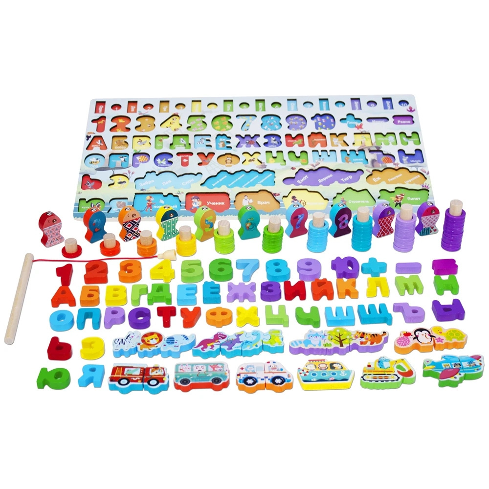 Russian Alphabet Montessori Educational Wooden Toys Preschool Counting Geometry Board Game Learn Sorter Fishing Math Toy For Kid