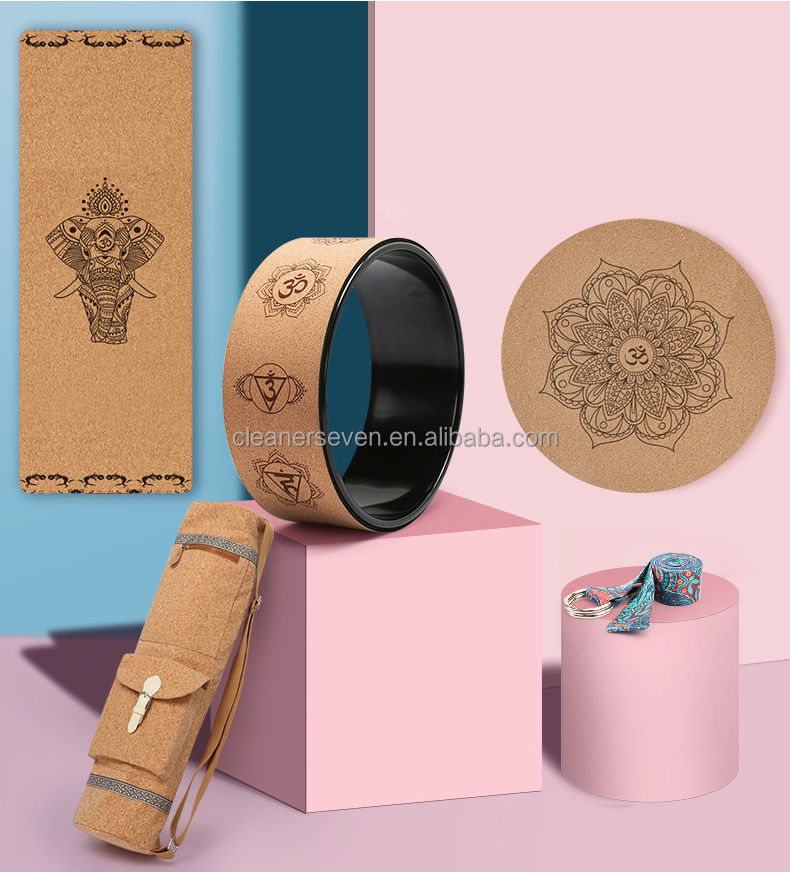 Premium natural rubber cork yoga mat custom logo fitness mats cork block cork yoga wheel set