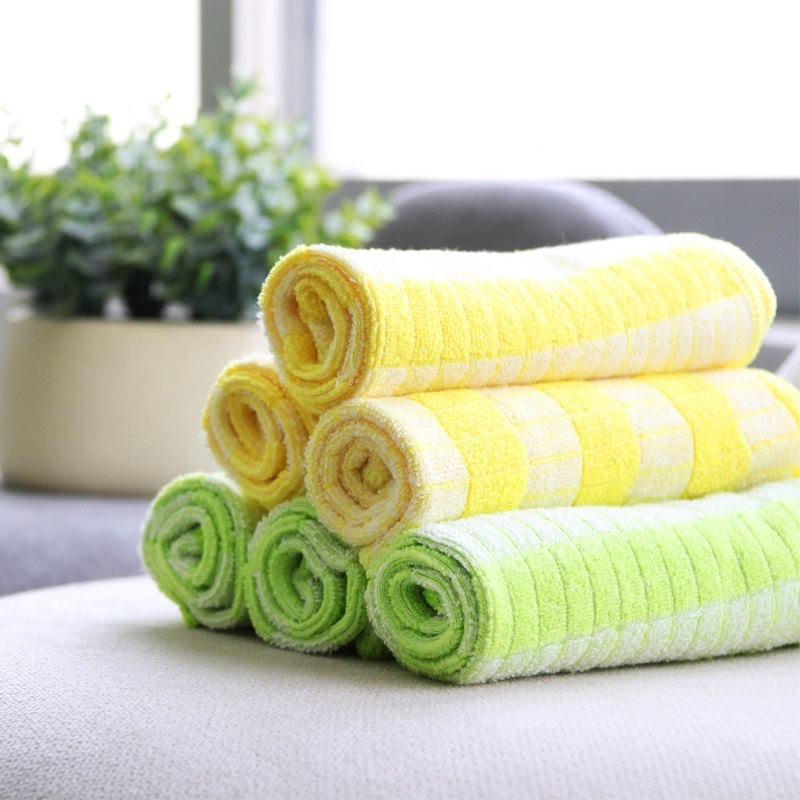 Household green yellow dry dusting towels super water absorbent reusable bamboo microfiber cleaning cloth