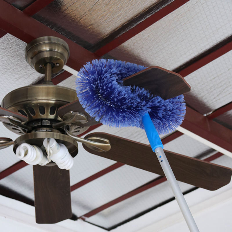 Blue plastic cobweb high ceiling fan cleaning duster brush with optional telescopic aluminium extension long pole