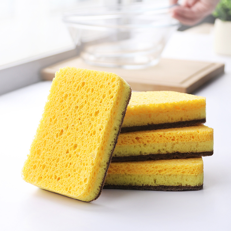 Customized logo absorbent natural wood pulp kitchen magic cleaning sponge with scouring pad for washing dishes