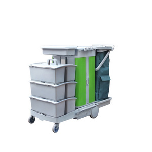 Professional hotel hospital multi purpose janitorial cleaning trolley cart plastic with locking cabinet