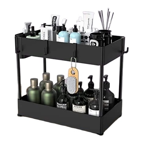 2 Tier Bathroom Shelf with Hooks sliding rail Shower Pull-out wheels Kitchen cabinet Rack Under Sink Organizers And Storage