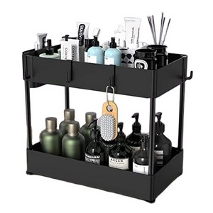 2 Tier Bathroom Shelf with Hooks sliding rail Shower Pull-out wheels Kitchen cabinet Rack Under Sink Organizers And Storage