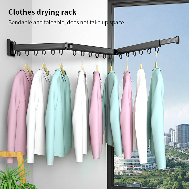 Folding Clothes Hanger Wall Mount Retractable Cloth Drying Rack Space Saving Aluminum Home Laundry extend clothes dying rack