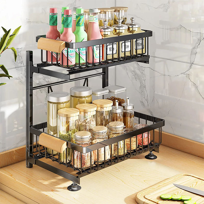 2023 New Kitchen Under Sink Organizer Rack with Sliding Storage Drawer and Wooden Handle