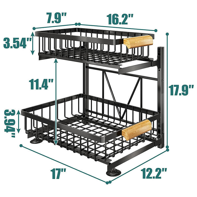 2023 New Kitchen Under Sink Organizer Rack with Sliding Storage Drawer and Wooden Handle