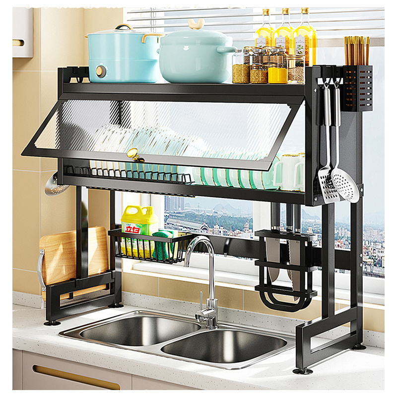 2 tier Hot Selling flip cover dish drying rack over the sink multifunction dish drainer rack storage holders