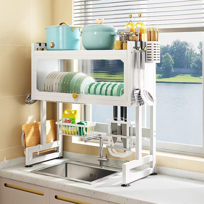 2 tier Hot Selling flip cover dish drying rack over the sink multifunction dish drainer rack storage holders