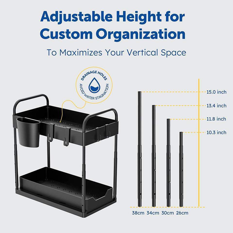 2 tier plastic multifunctional cabinet Holder Rack with hooks Adjustable Under Sink Shelf Organizer for Bathroom Kitchen