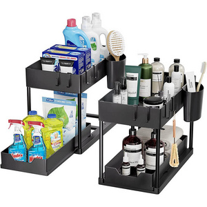 2 tier plastic multifunctional cabinet Holder Rack with hooks Adjustable Under Sink Shelf Organizer for Bathroom Kitchen