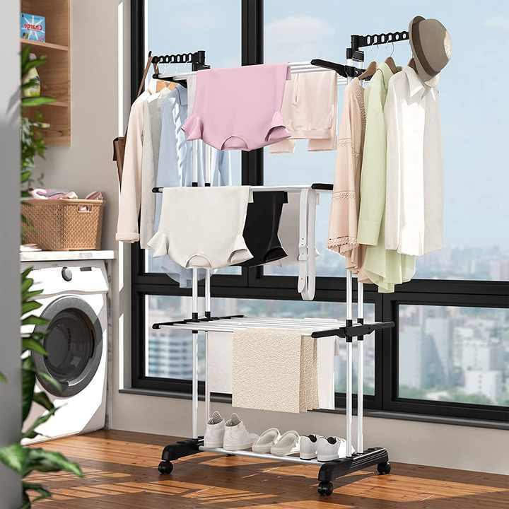 Tripod Clothes Lingerie Drying Rack Foldable Rail Clothes Horse Stainless Steel Laundry Garment Dryer Stand with Two Wing