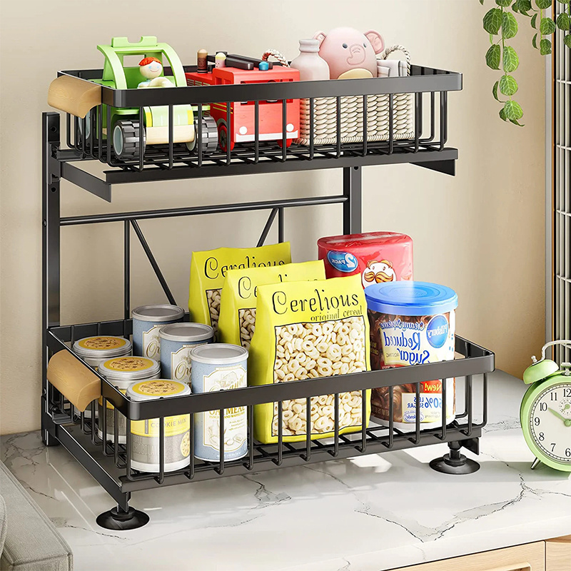 2023 New Kitchen Under Sink Organizer Rack with Sliding Storage Drawer and Wooden Handle