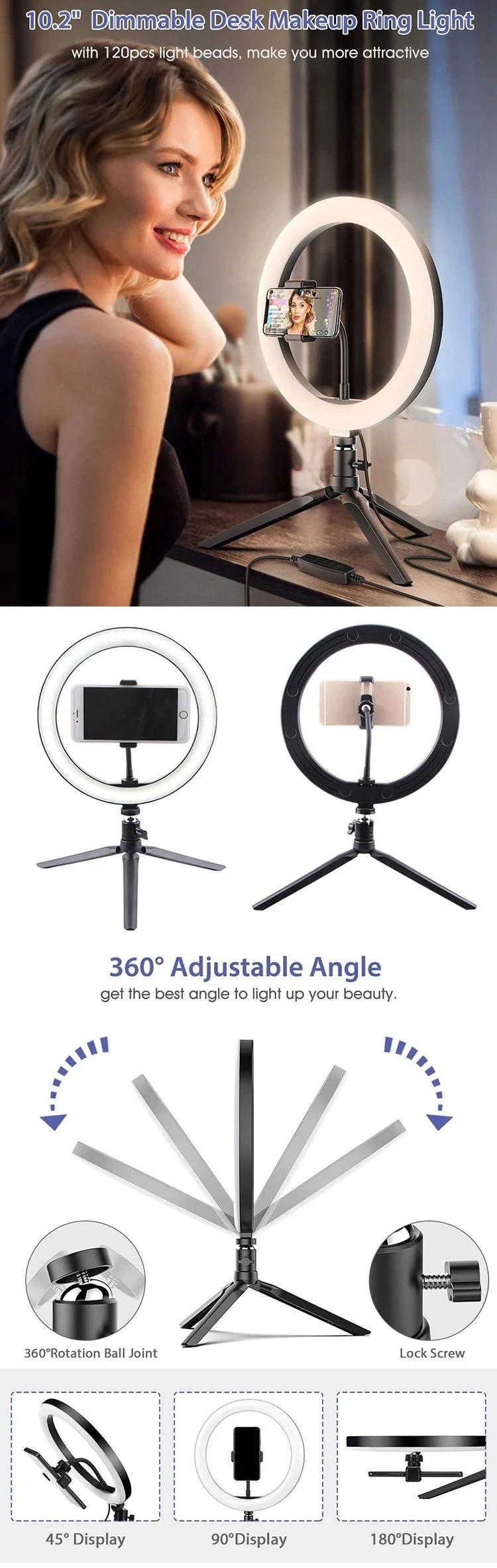 10 inch overhead adjustable ring light photography beauty video studio photo selfie led ring flash light with tripod stand