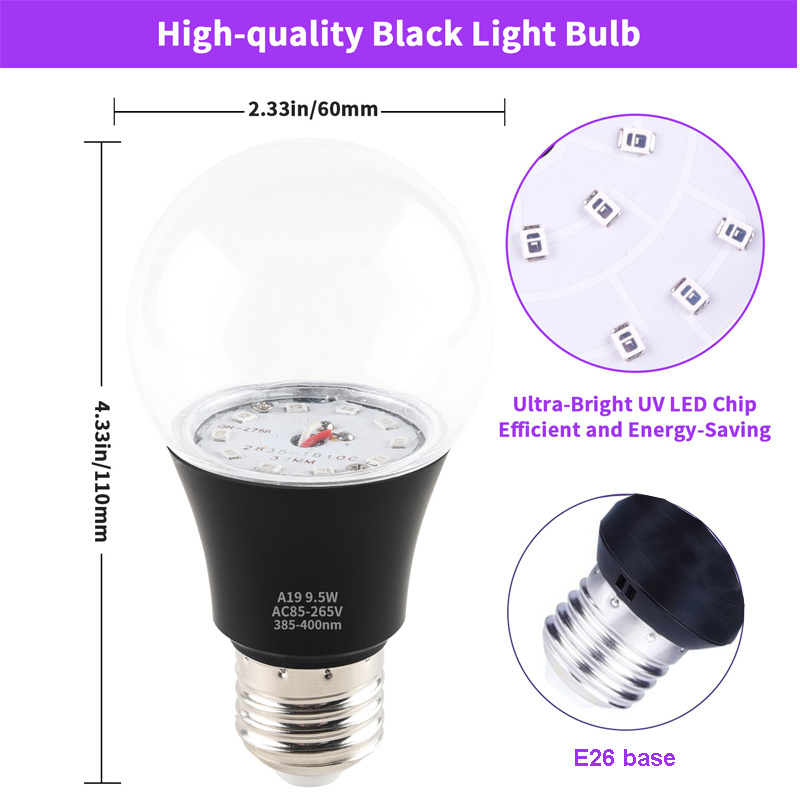 UV LED black light bulb 9.5W A19 glow in the dark for party body paint fluorescent lighting decoration