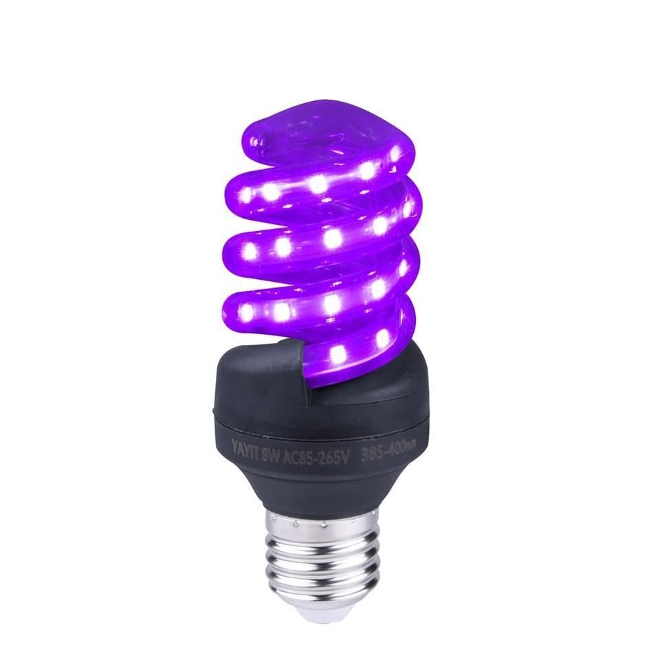 UV black led light spiral bulb E26 base purple bulb for Christmas Halloween holiday lighting 8W AC 85-265V