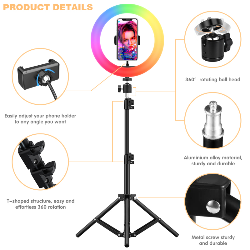 14inch 18inch 22inch 10inch 12inch rgb led circle photography selfie ring light with 1.6m 2m 2.1m tripod stand