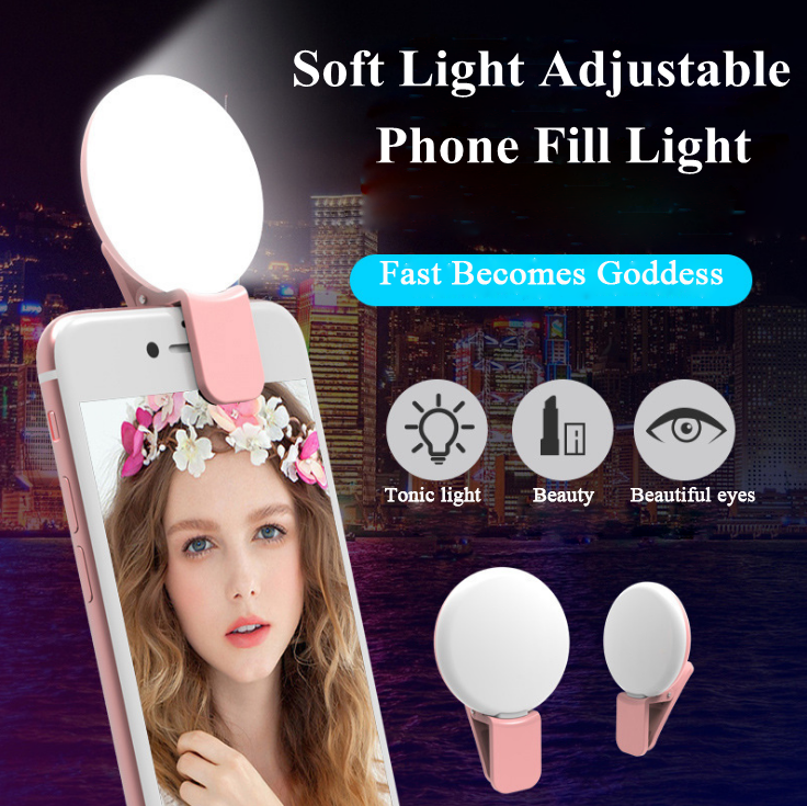 Portable selfie ring light led flash camera clip on phone for night enhancing background rechargeable