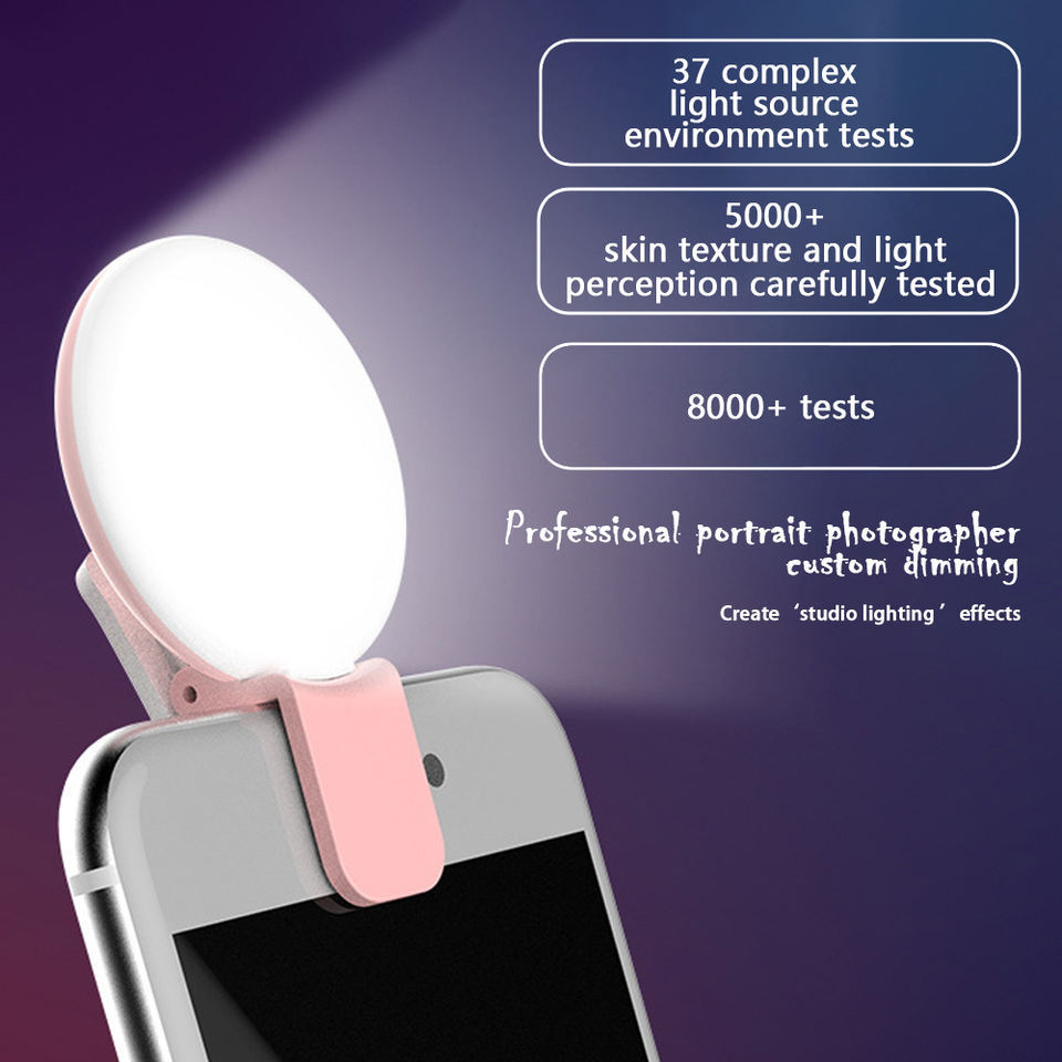 Portable selfie ring light led flash camera clip on phone for night enhancing background rechargeable