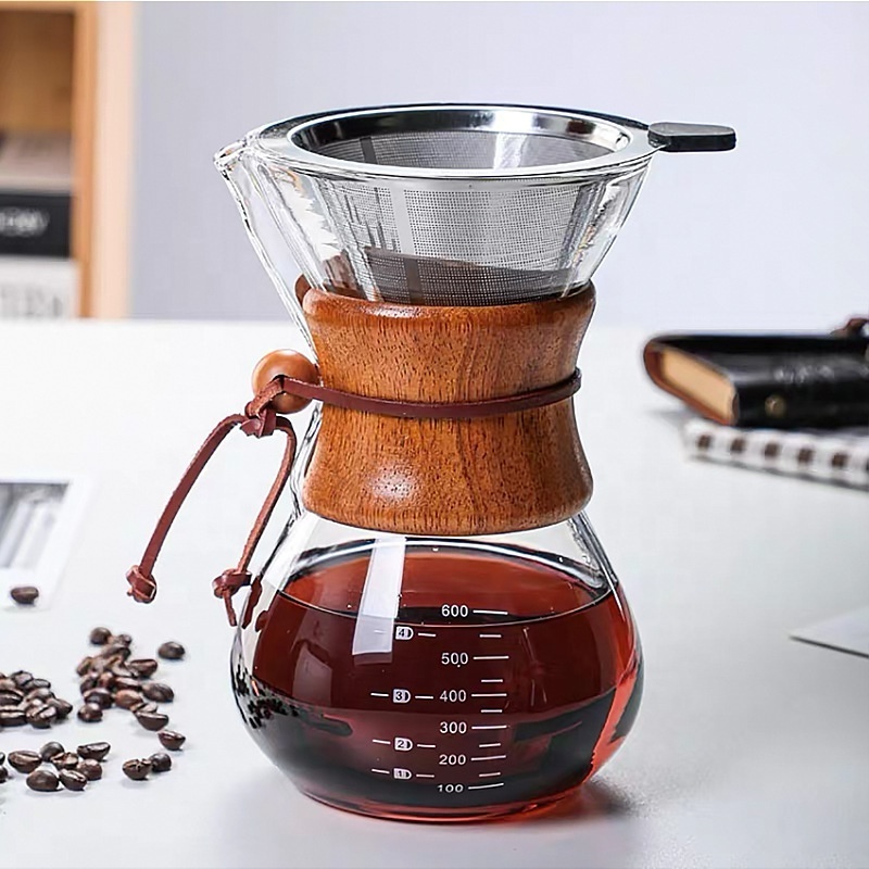 Heat Resistant Glass Sharing Coffee Pot 4 Cup Glass Coffee Carafe With Wooden Handle