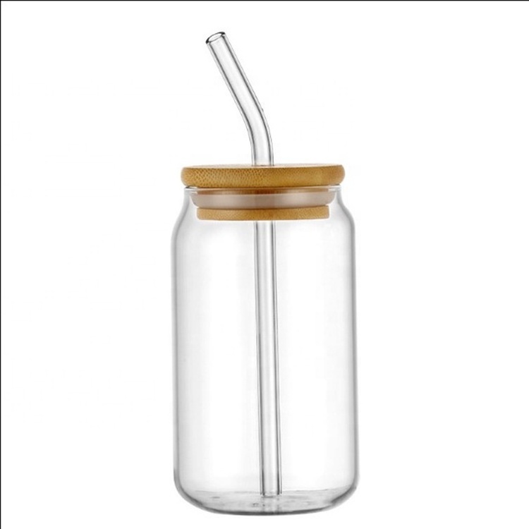 Custom Logo Can Shape Drinking Juice and Beer Glass Can Cola Cup with Bamboo Lid and Glass Straw