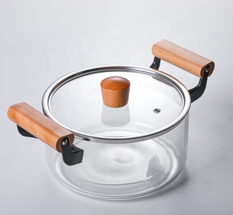 Thickening Borosilicate Glass Stovetop Cooking Pot Glass Saucepan Casserole With Wooden Handle