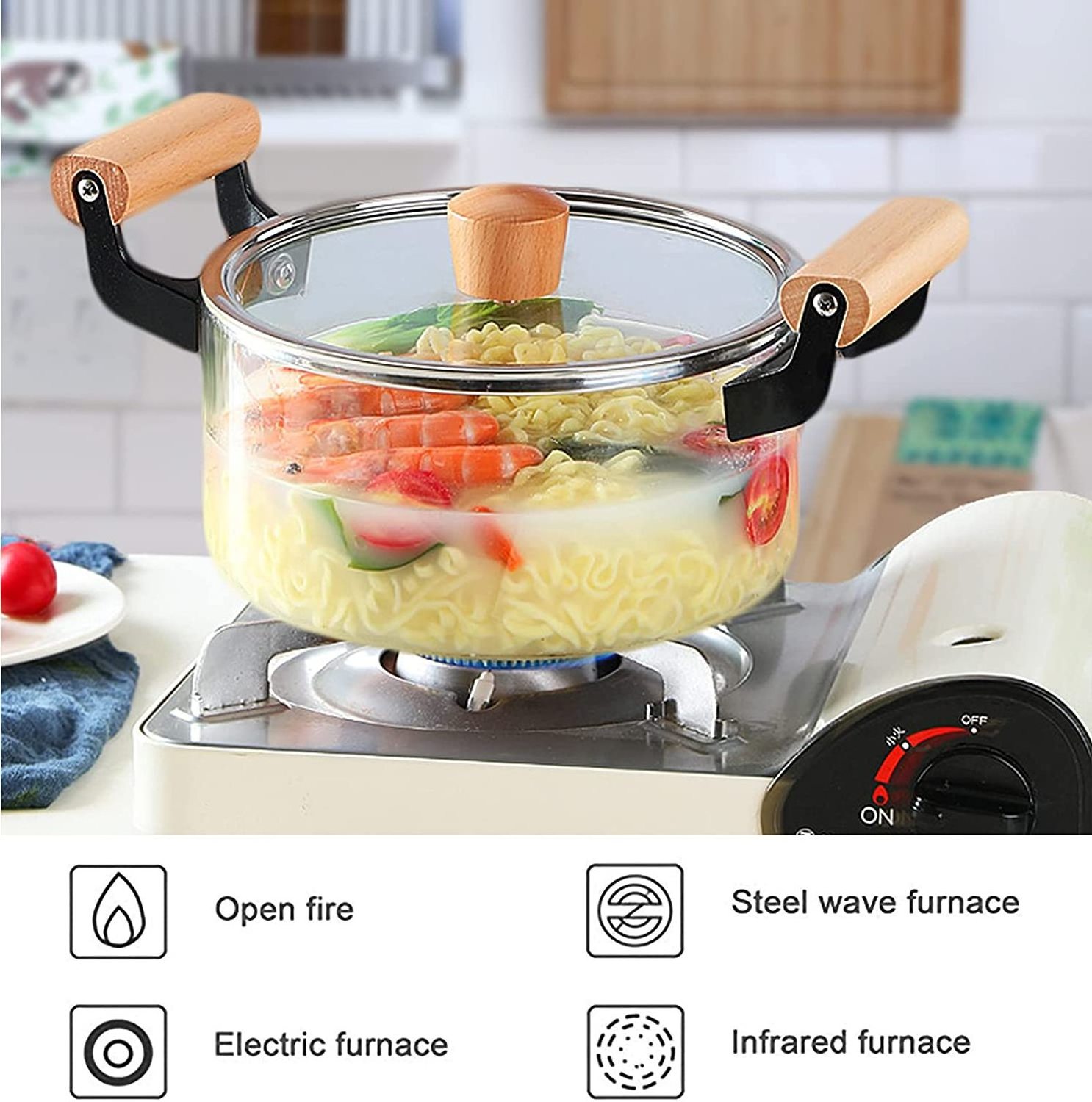 Thickening Borosilicate Glass Stovetop Cooking Pot Glass Saucepan Casserole With Wooden Handle