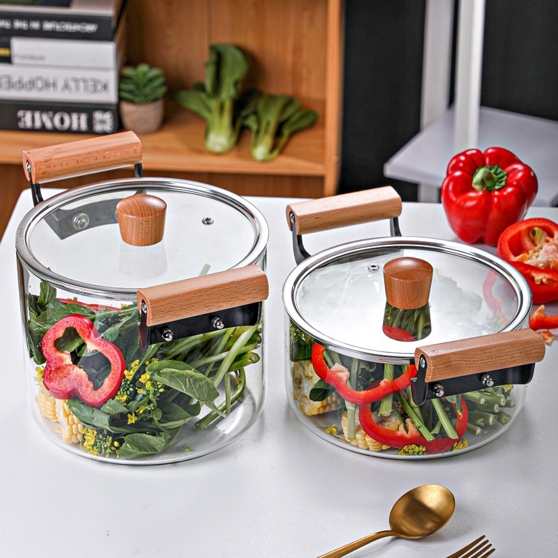 Thickening Borosilicate Glass Stovetop Cooking Pot Glass Saucepan Casserole With Wooden Handle