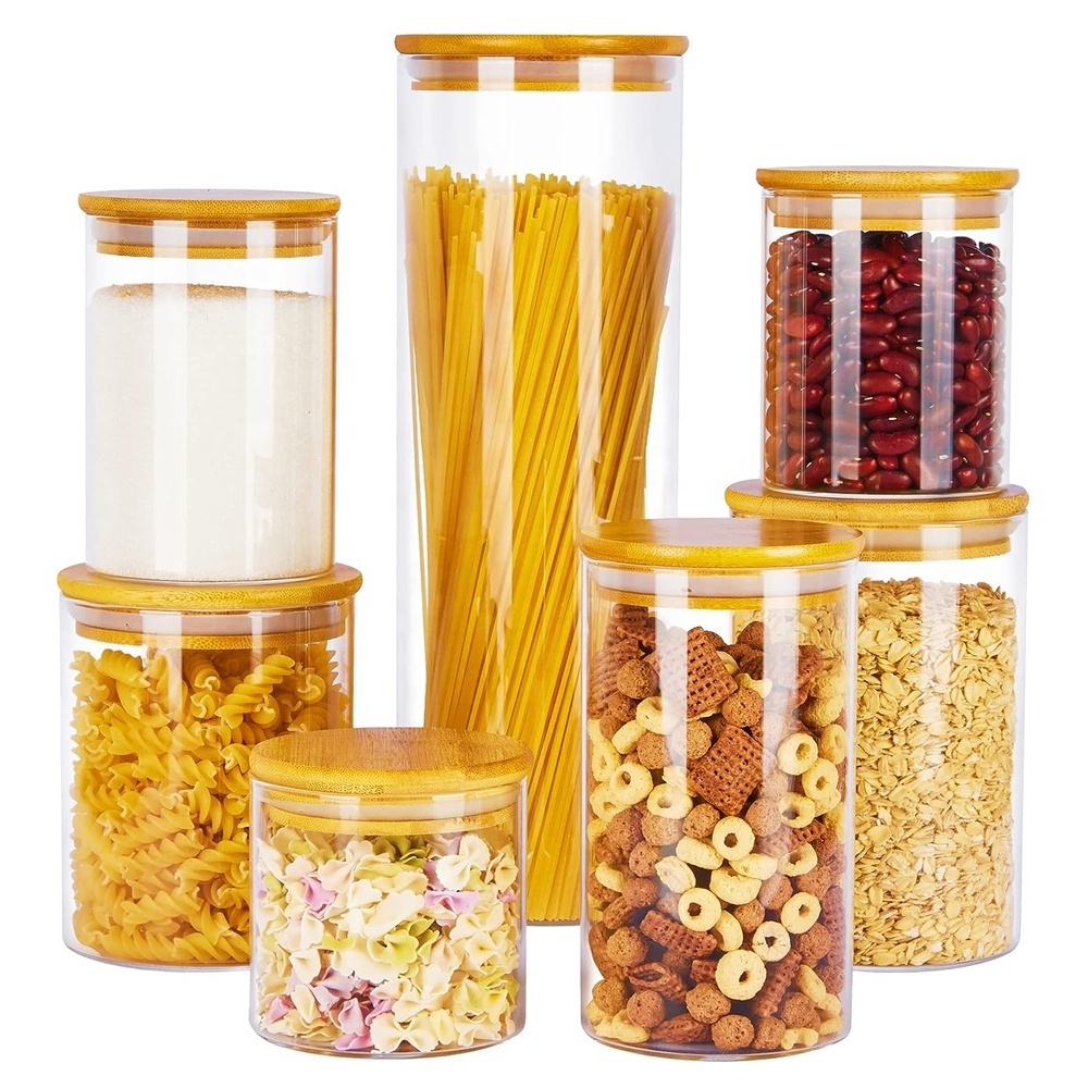 Free Match Full Sizes Customizable High Borosilicate Transparent Glass Food Storage Jar With Airtight Bamboo Lid