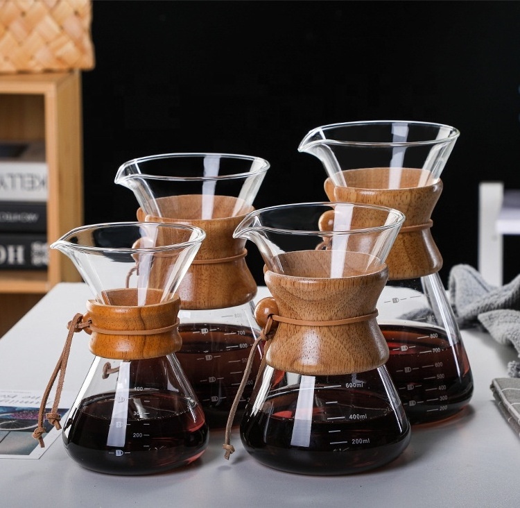 Pour Over Coffee Maker Set glass Coffee Dripper Brewer Carafe with Real Wood Sleeve