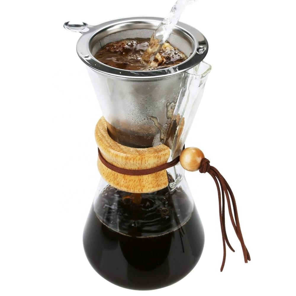 Borosilicate Glass Pour Over Coffee Maker Carafe Coffee Dripper Brewer with Wood Sleeve