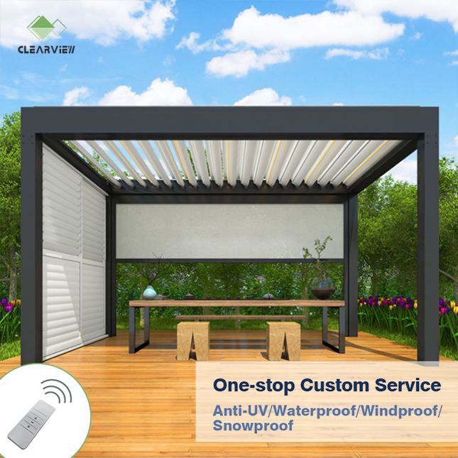 CLEARVIEW Outdoor Motorized Roll Zip Screen Aluminum Alloy Pergolas Patio Aluminium Pergola with Roller Blinds