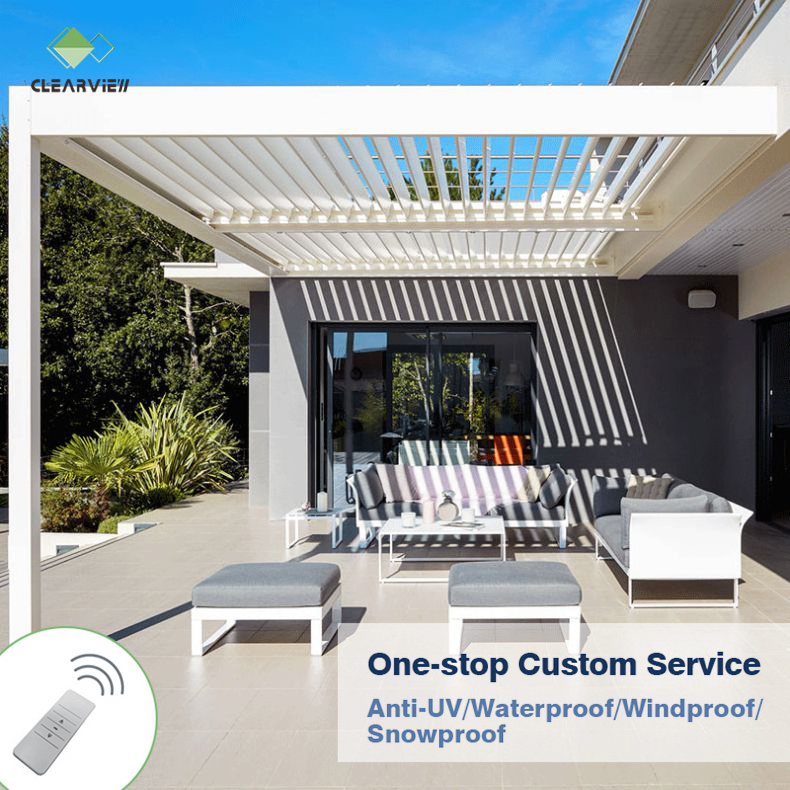 CLEARVIEW Outdoor Motorized Roll Zip Screen Aluminum Alloy Pergolas Patio Aluminium Pergola with Roller Blinds