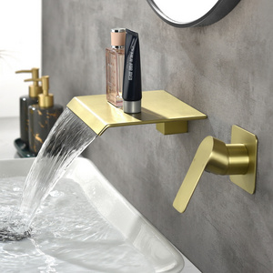 kaiping factory single handle hot cold water mixer brush gold wall mount waterfall basin bathroom sink wall faucet for bathroom