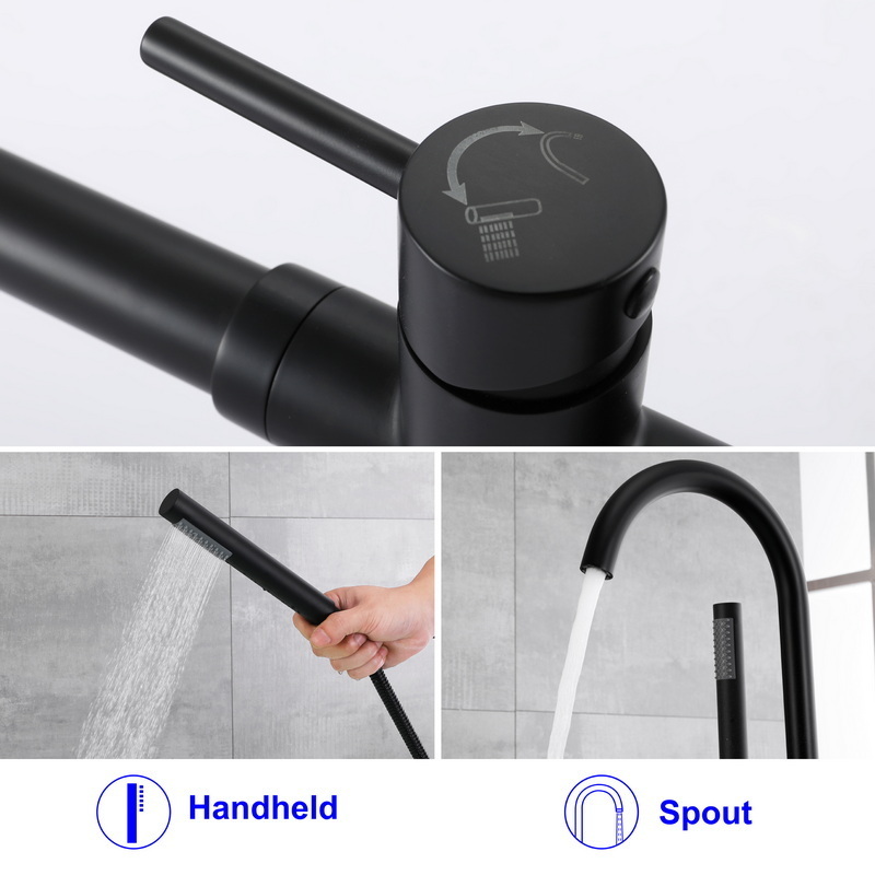 Brass Floor Mount Stand Freestanding bathroom Black Bath tub shower filter mixer tap Faucet set with hand shower for bathtub