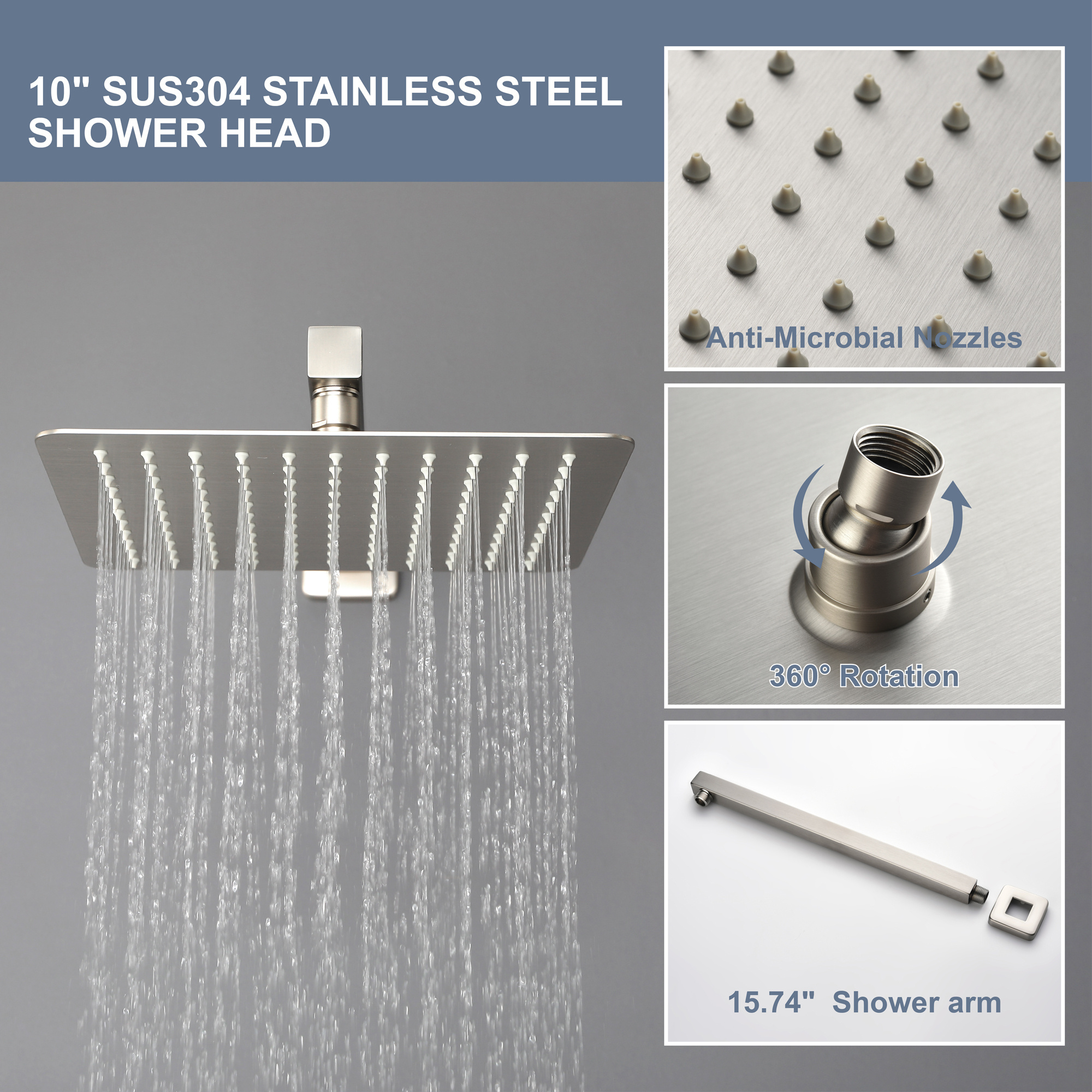 wall mount Brushed Nickel bathroom thermostatic waterfall rainshower showerhead shower system with handheld hand shower head