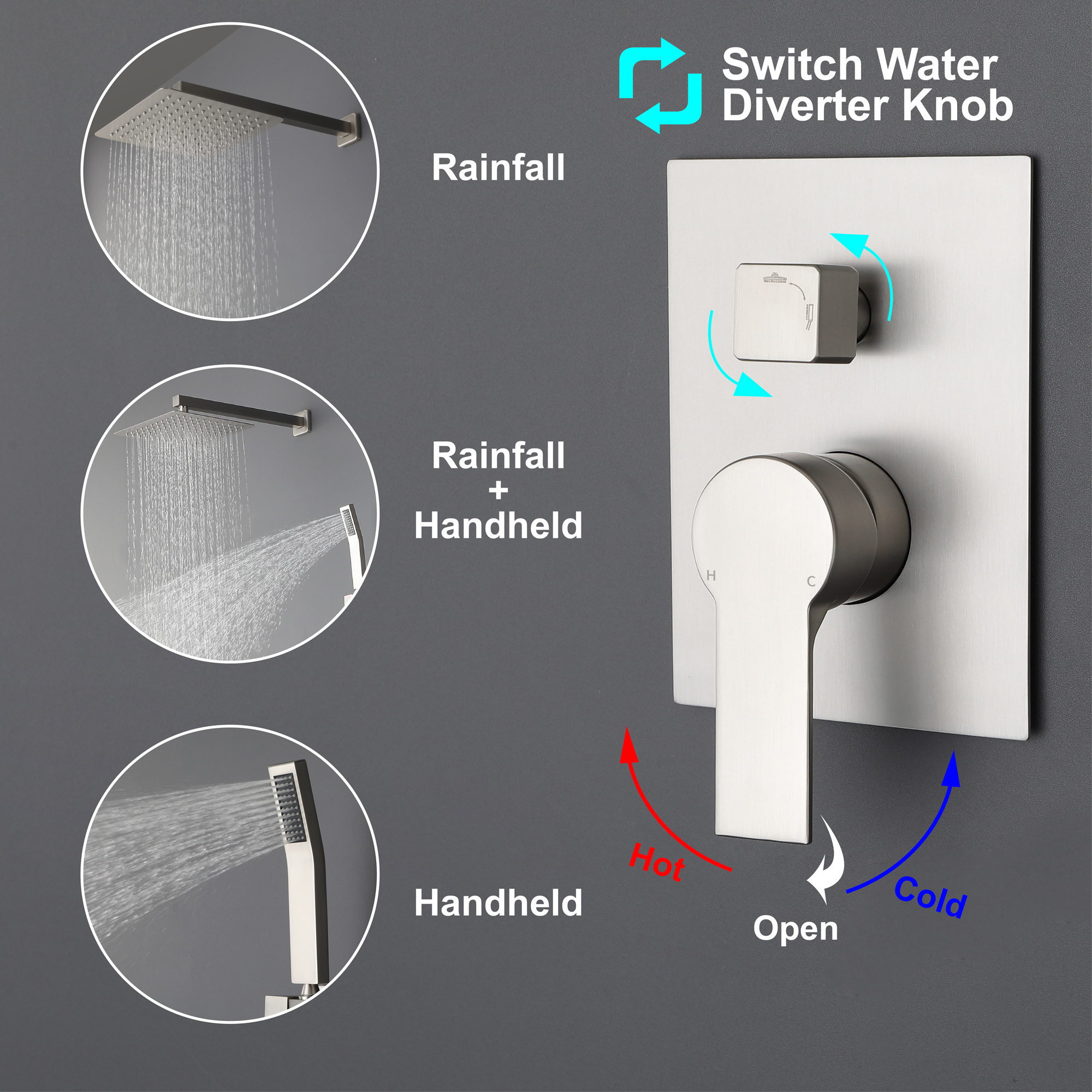 wall mount Brushed Nickel bathroom thermostatic waterfall rainshower showerhead shower system with handheld hand shower head