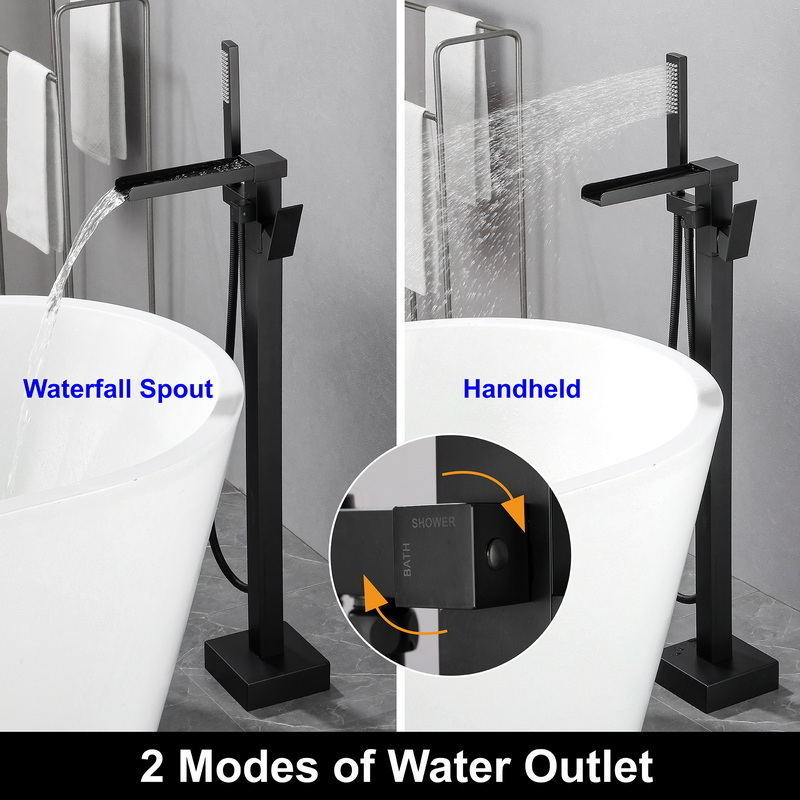 cUPC Black Brass Flooring Mount Stand alone Freestanding waterfall Bathtub shower filler Faucet with hand shower for bathtub