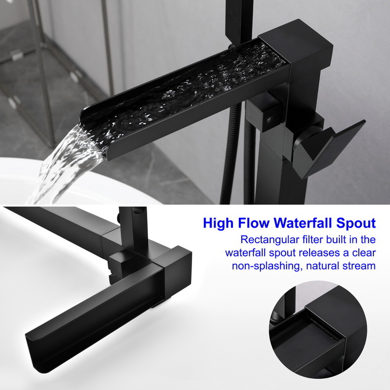 cUPC Black Brass Flooring Mount Stand alone Freestanding waterfall Bathtub shower filler Faucet with hand shower for bathtub