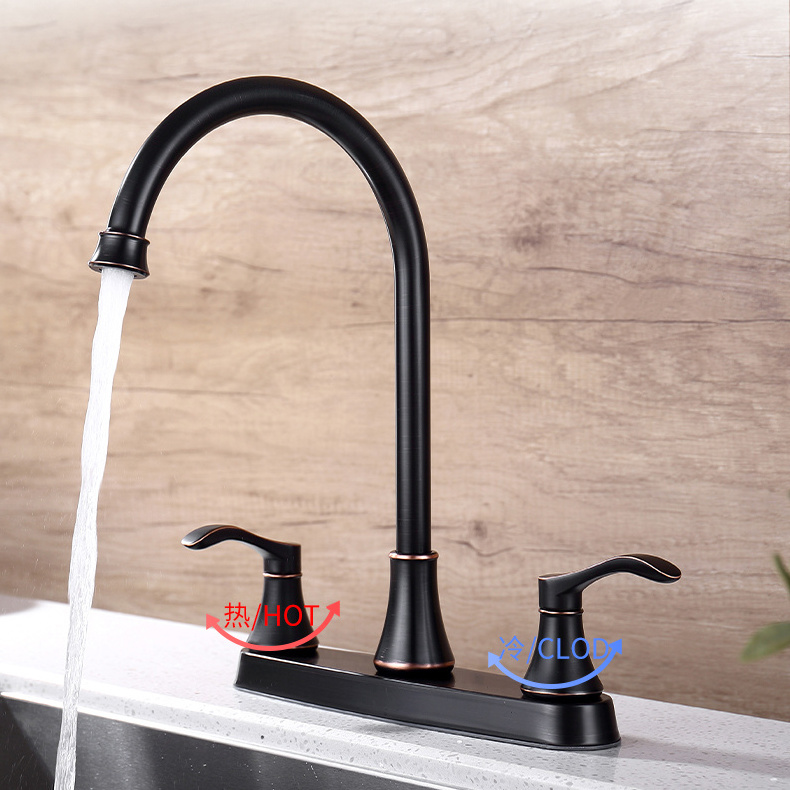 oil rubbed bronze 8 inch spread widespread Centerset 360 degree Swivel 3 4 hole High Arc kitchen hot and cold water sink faucet