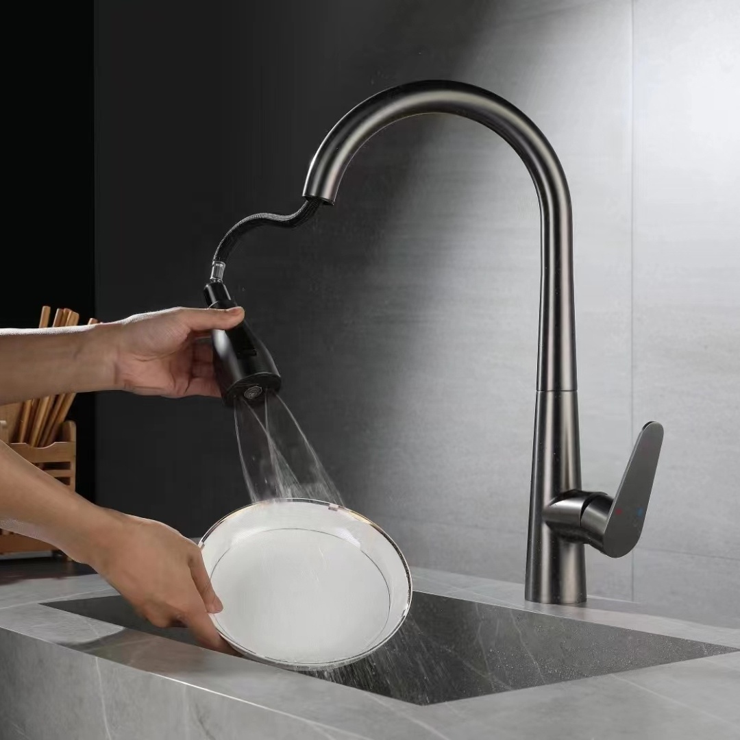 Gun Grey SUS 304 Stainless Steel Pull down Kitchen Sink Mixer Faucet with Sprayer Deck Mounted Single Hole Installation