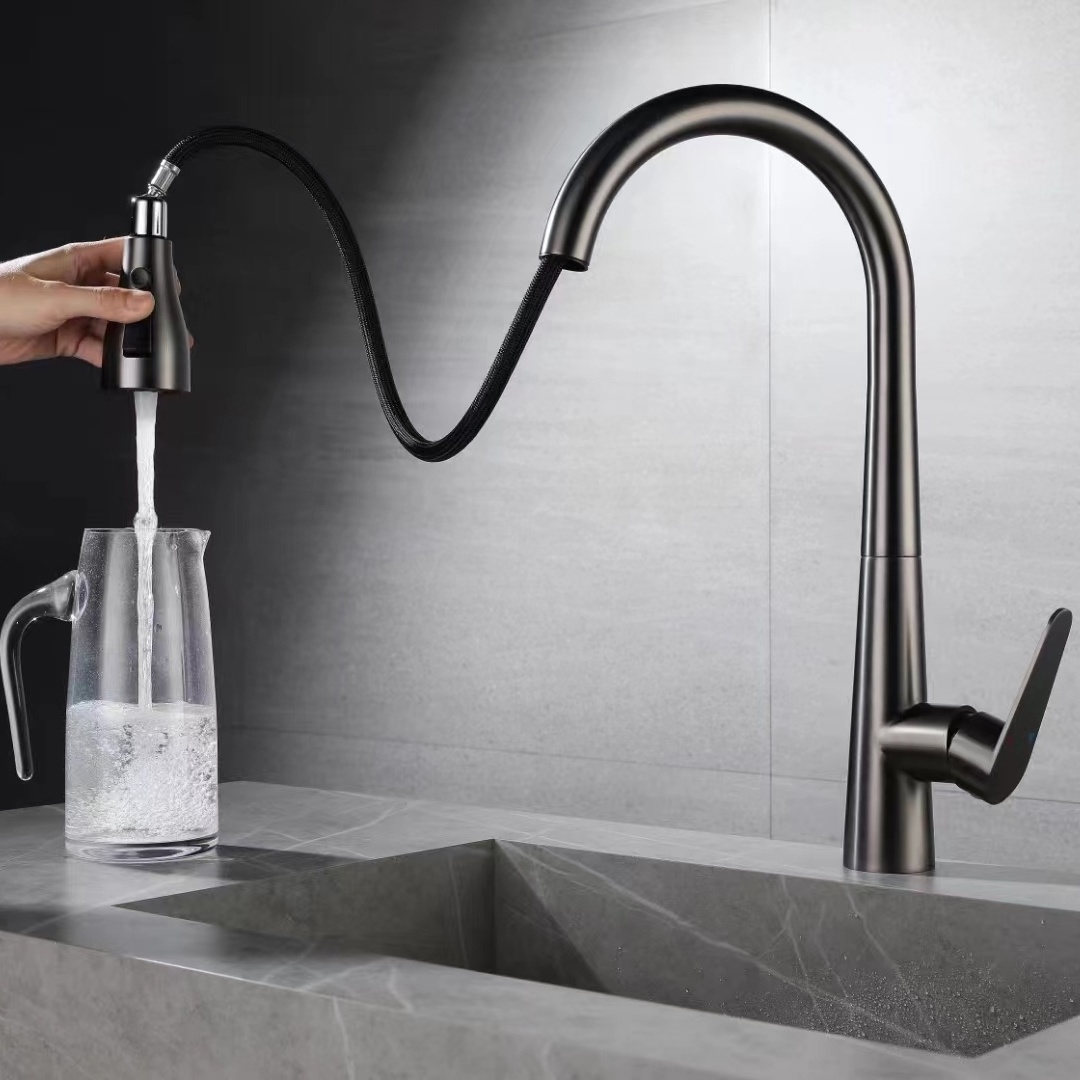 Gun Grey SUS 304 Stainless Steel Pull down Kitchen Sink Mixer Faucet with Sprayer Deck Mounted Single Hole Installation