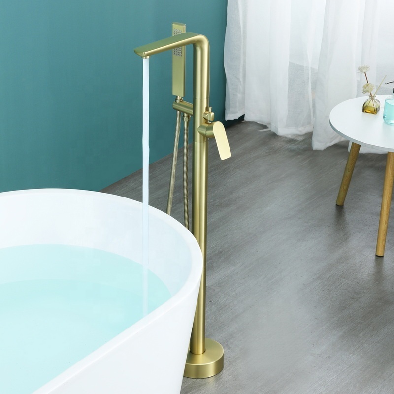 Jiangmen Modern Brass Freestanding Bathtub Faucet Brushed Gold Stand Faucet with Hand Sprayer Soft Water Floor Mount Tub Filter